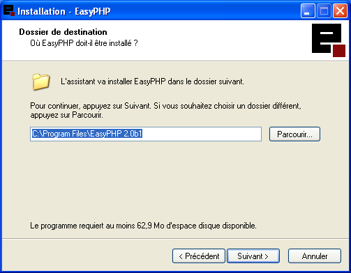 EasyPHP chemin d'installation