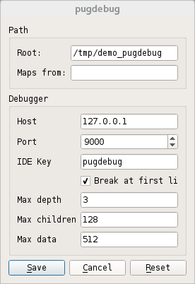 Ecran de configuration pugdebug